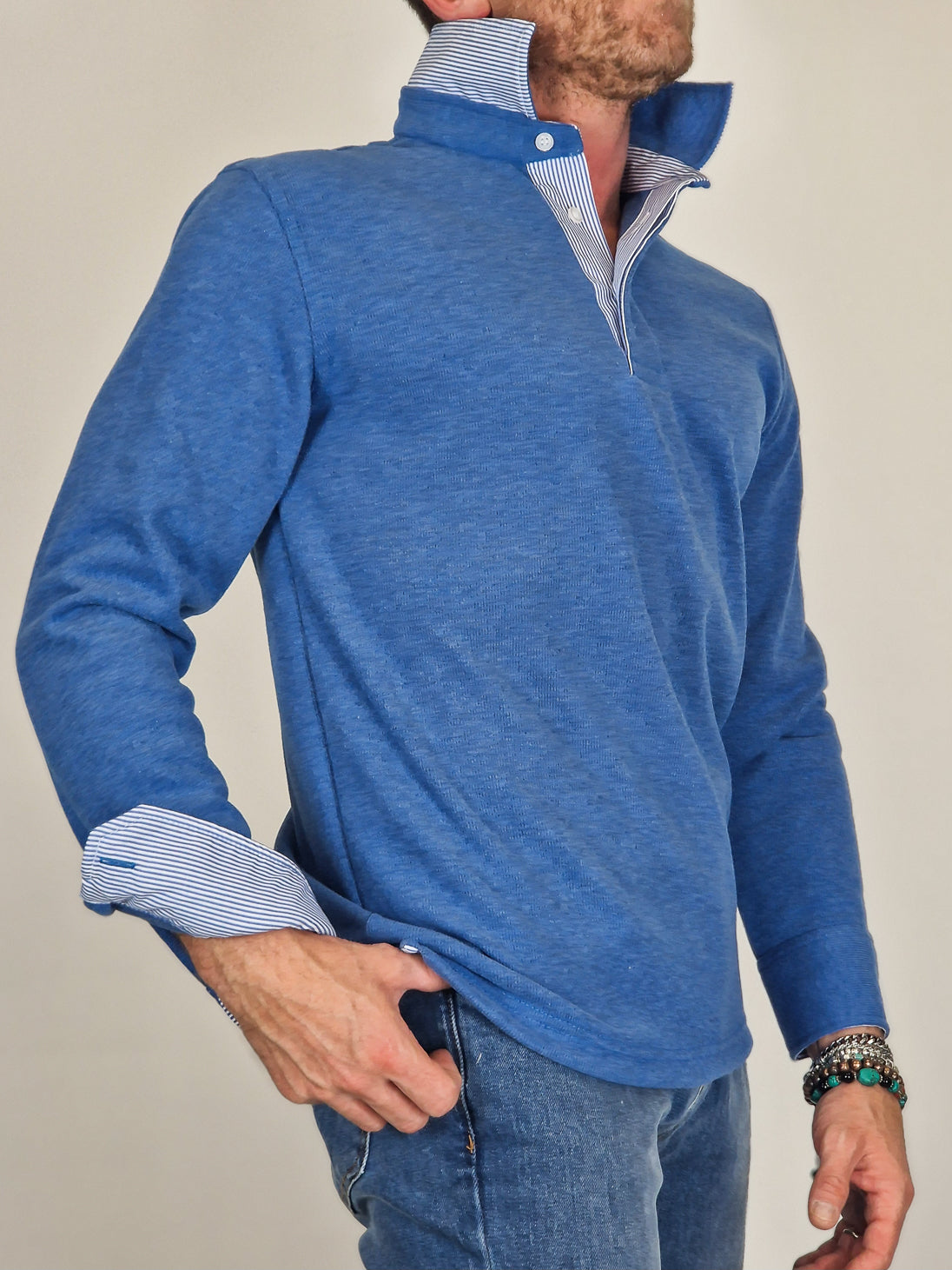 Men's Winter Polo Shirt in Cotton - Blue Mélange