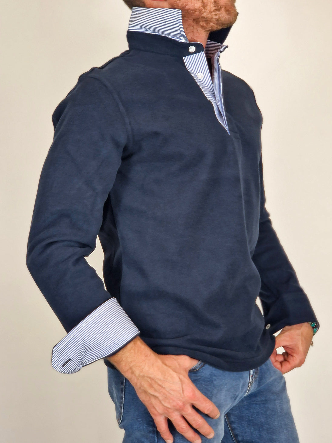 Men's Winter Polo Shirt in Cotton - Dark Blue