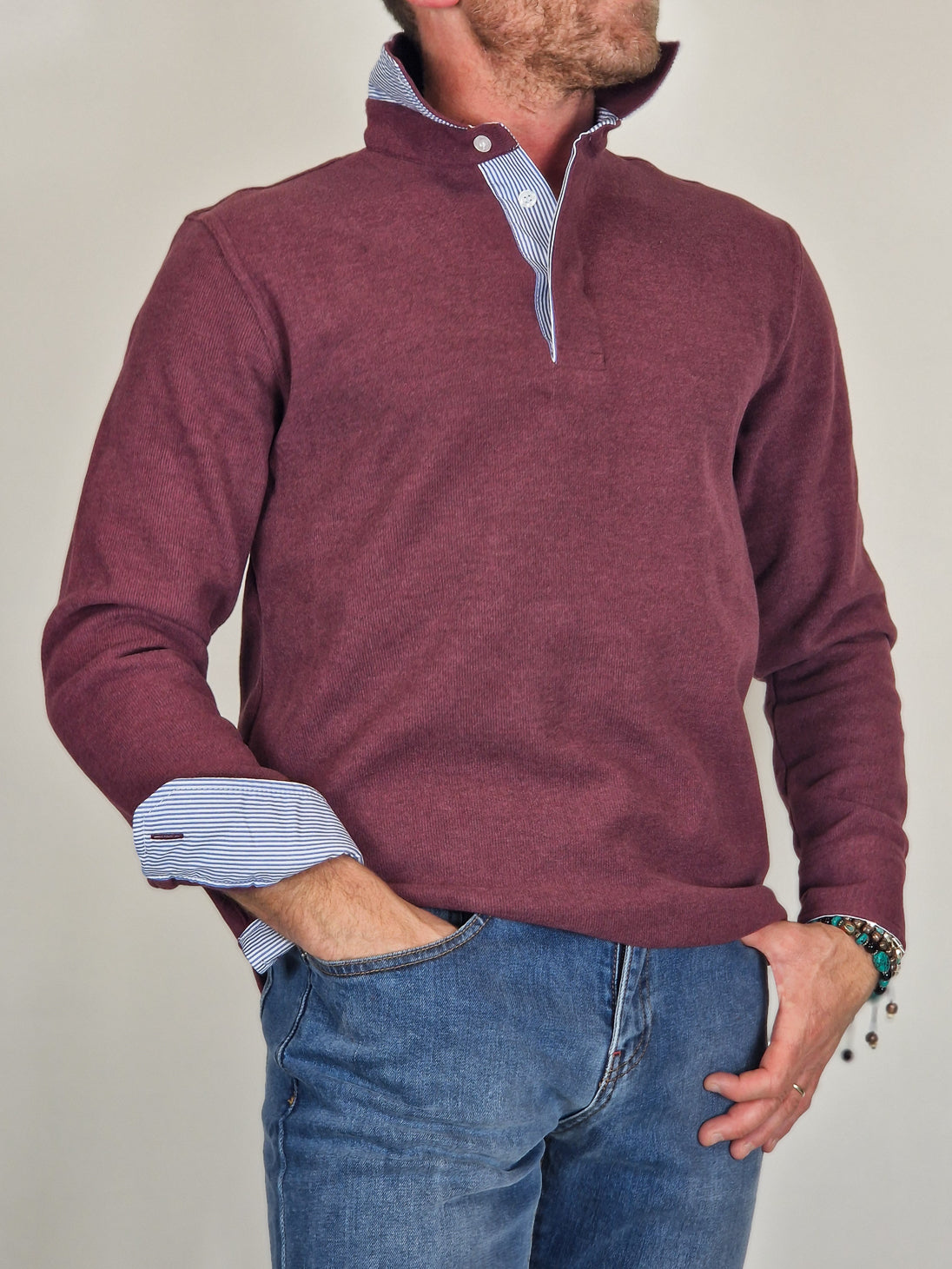 Men's Winter Polo Shirt in Cotton - Wine Mélange