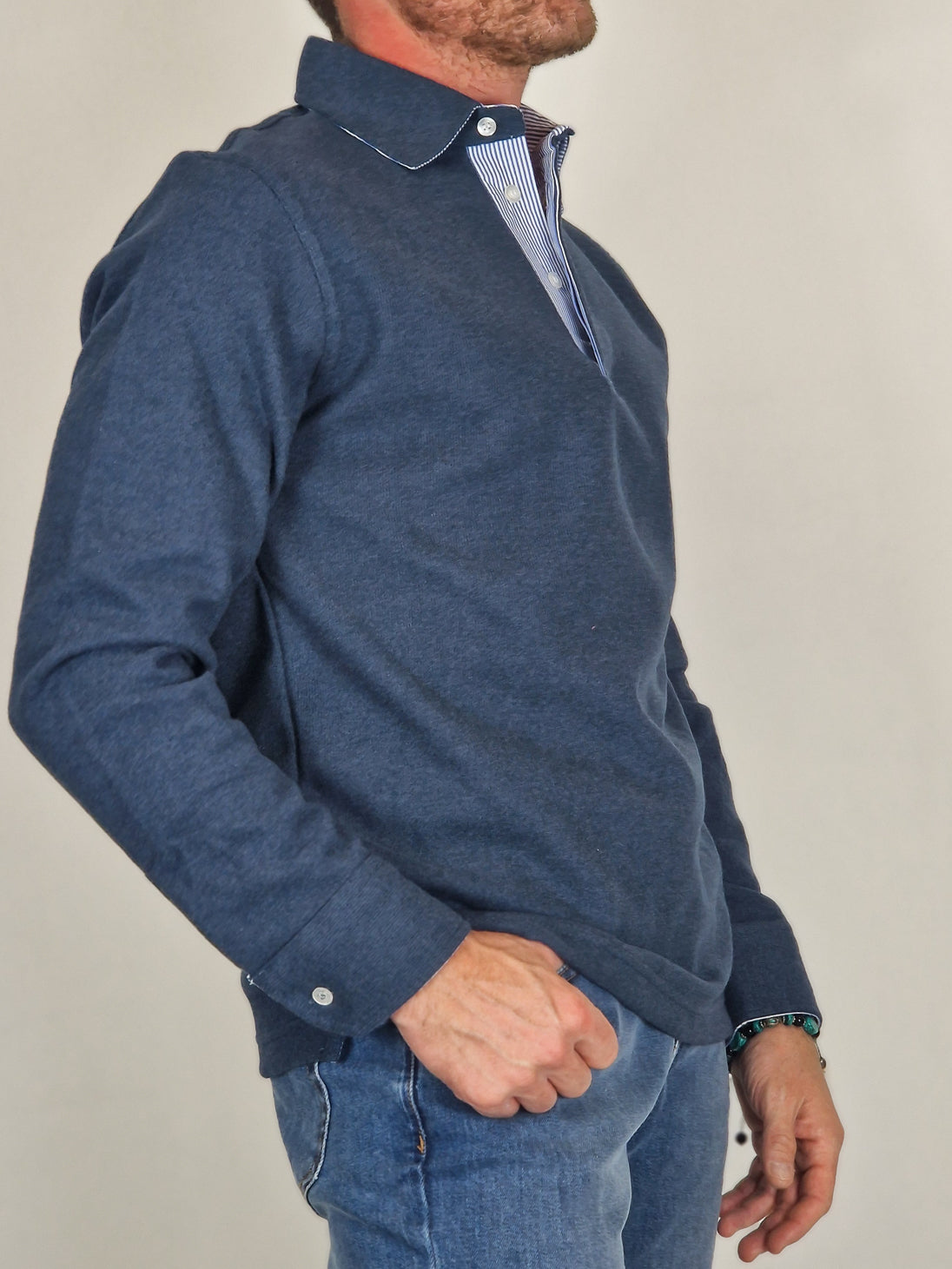 Men's Winter Polo Shirt in Cotton - Blue Mélange Denim