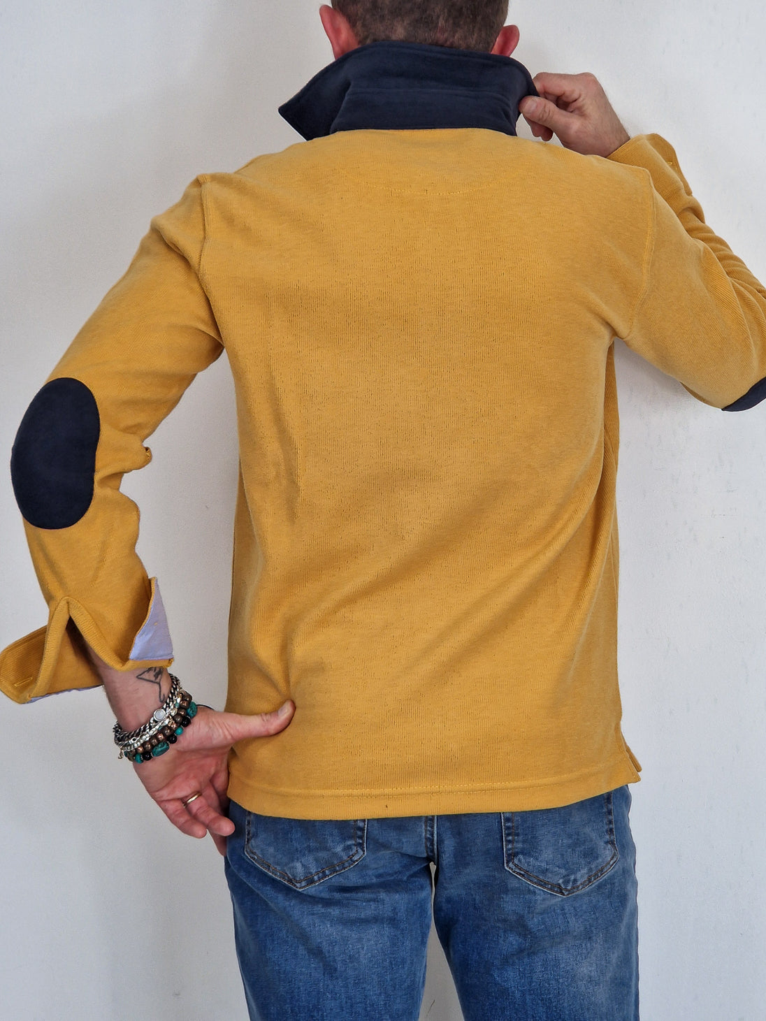 Men's Winter Polo in Cotton with Elbow Patches - Ochre Blue