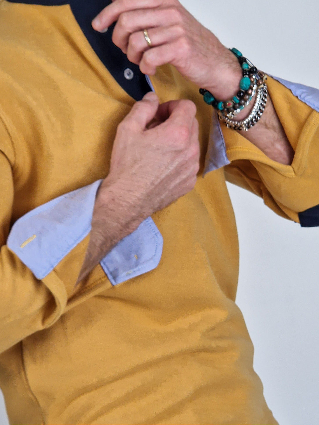 Men's Winter Polo in Cotton with Elbow Patches - Ochre Blue