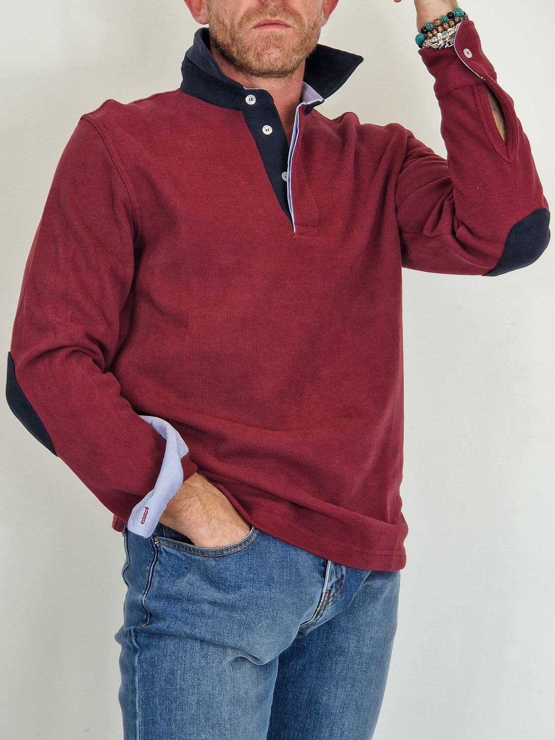 Men's Winter Polo in Cotton with Elbow Patches - Burgundy Blue