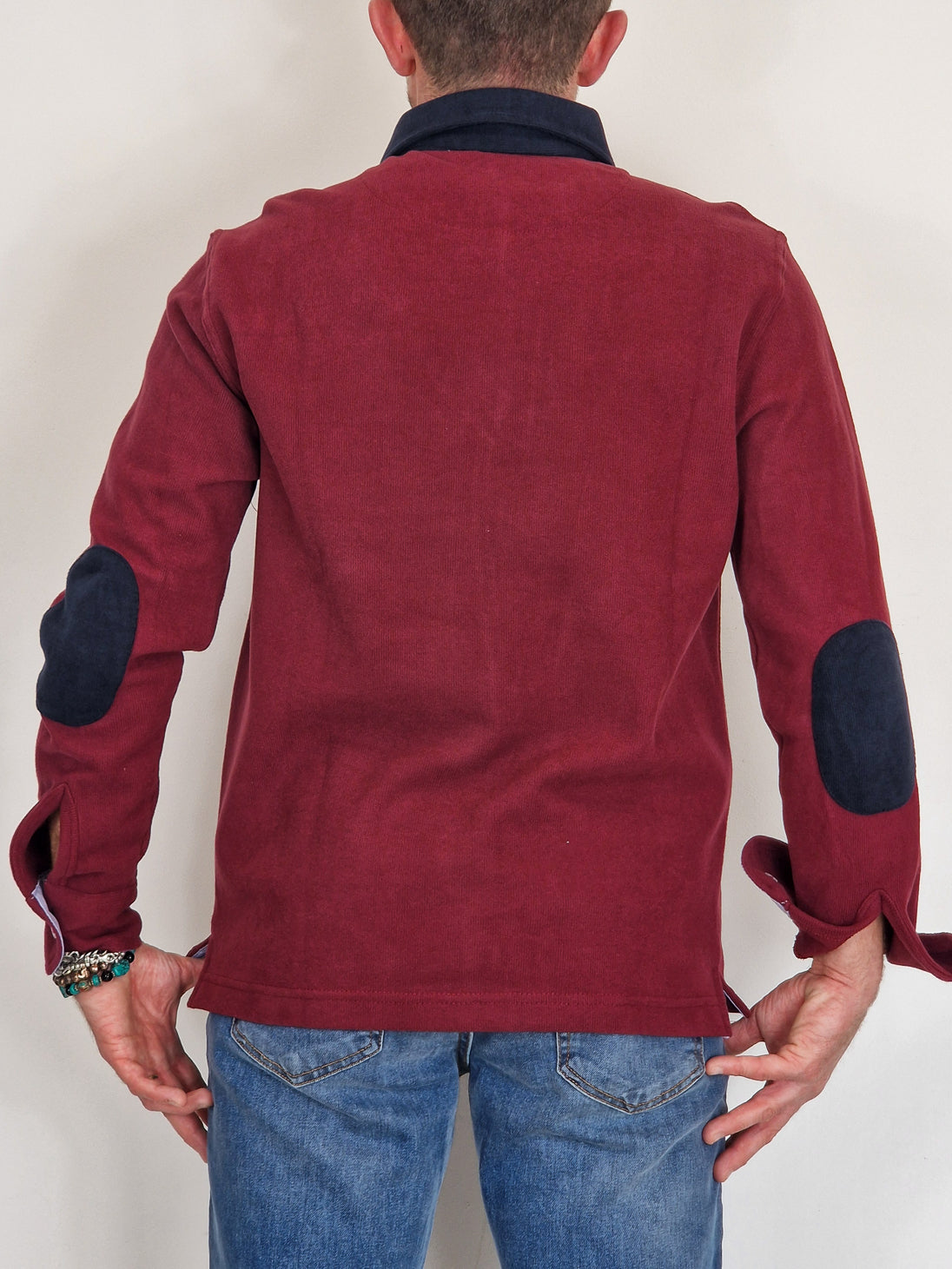 Men's Winter Polo in Cotton with Elbow Patches - Burgundy Blue