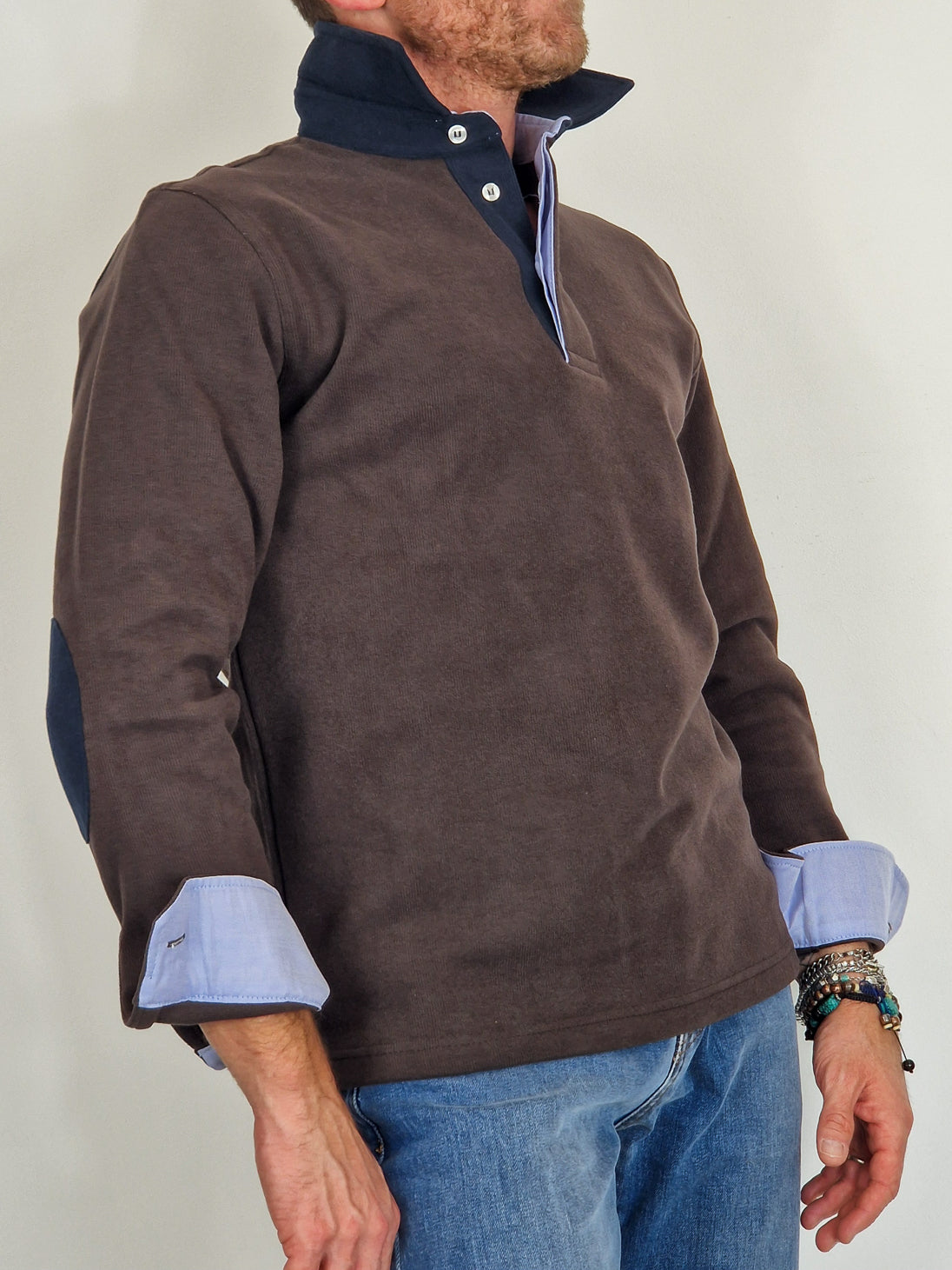 Men's Winter Polo in Cotton with Elbow Patches - Dark Brown Blue