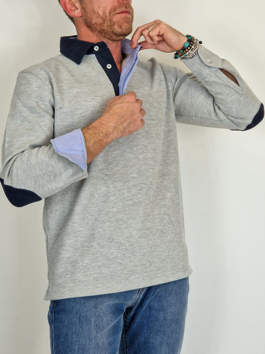 Men's Winter Polo in Cotton with Elbow Patches - Light Grey Blue