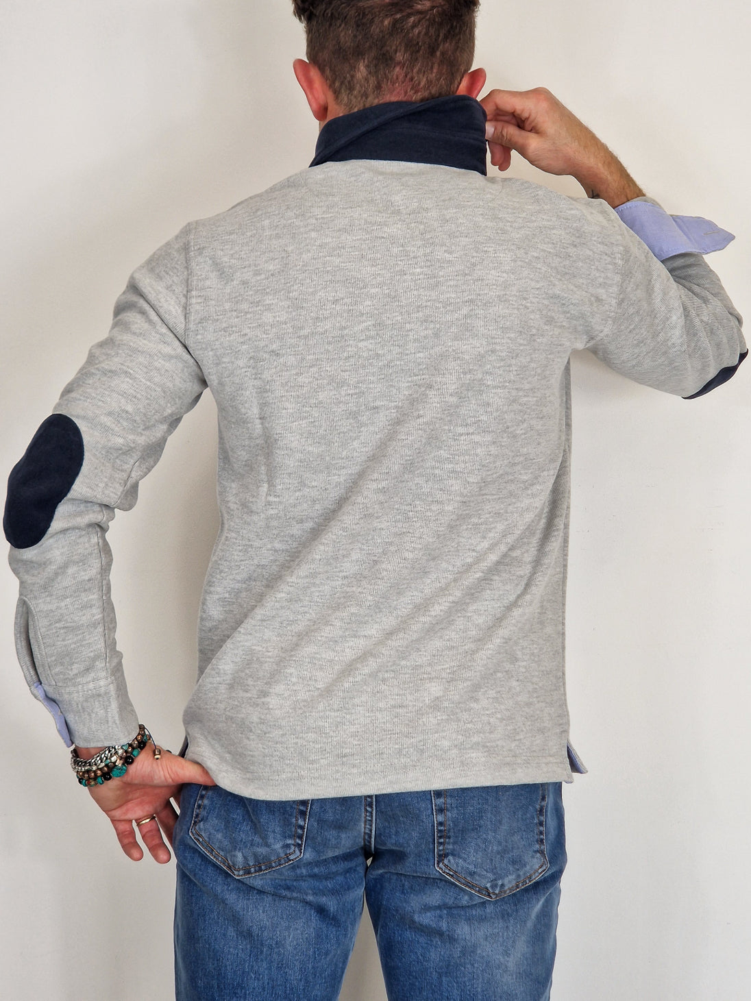 Men's Winter Polo in Cotton with Elbow Patches - Light Grey Blue