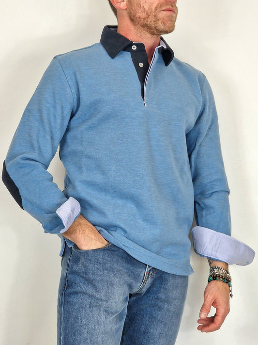 Men's Winter Polo in Cotton with Elbow Patches - Sky Blue & Blue