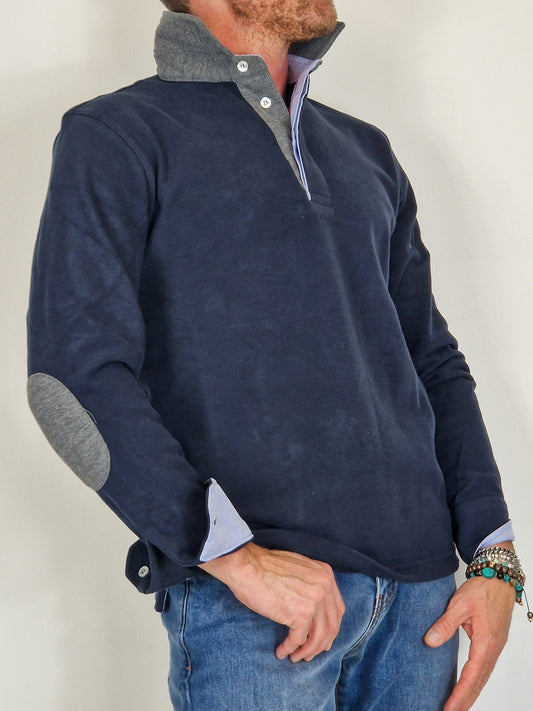 Men's Winter Polo in Cotton with Elbow Patches - Blue Dark Grey