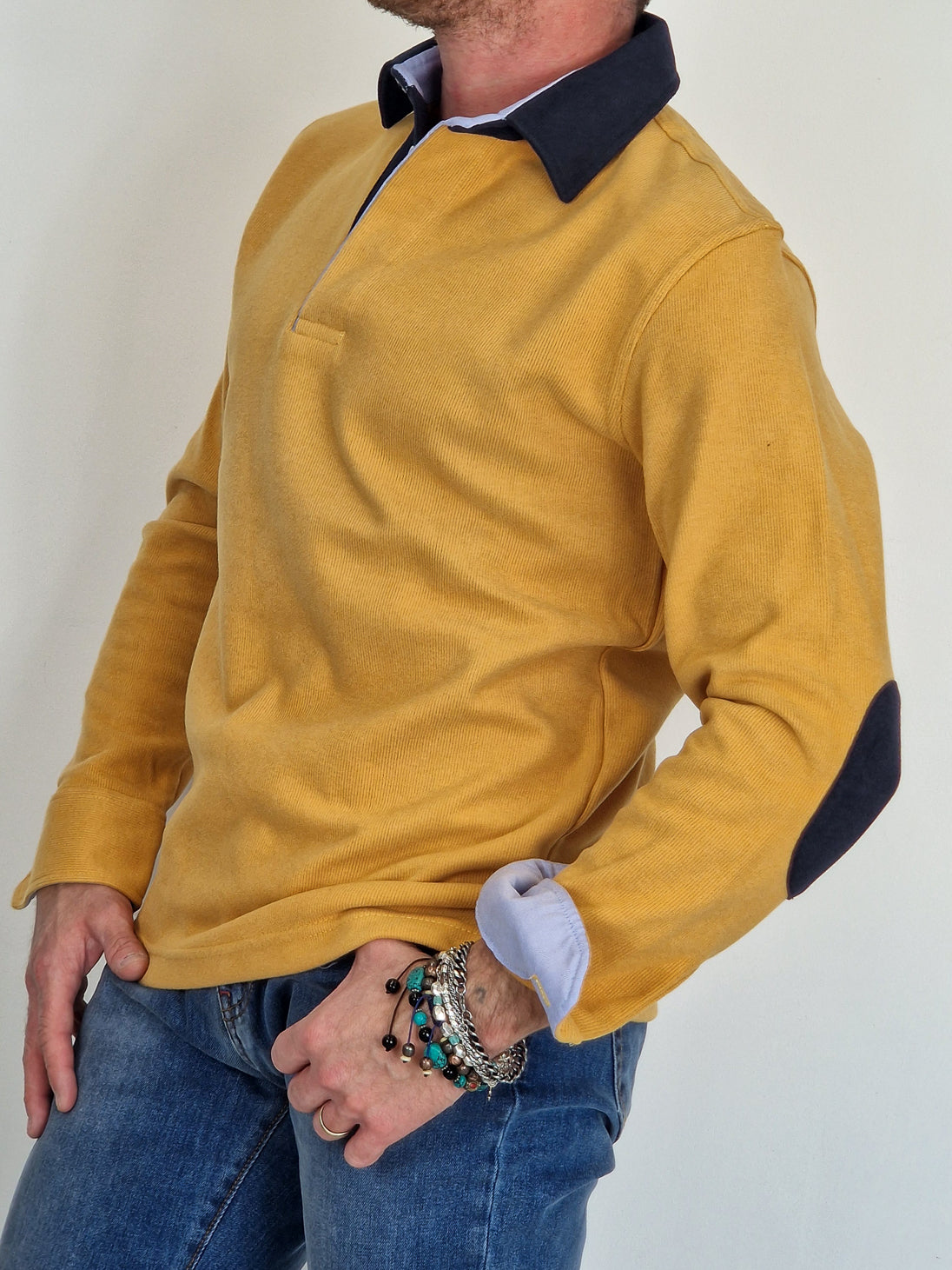 Men's Winter Polo in Cotton with Elbow Patches - Ochre Blue